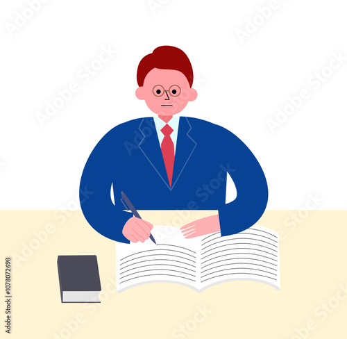 机に向かって勉強をするスーツの男性のイラスト