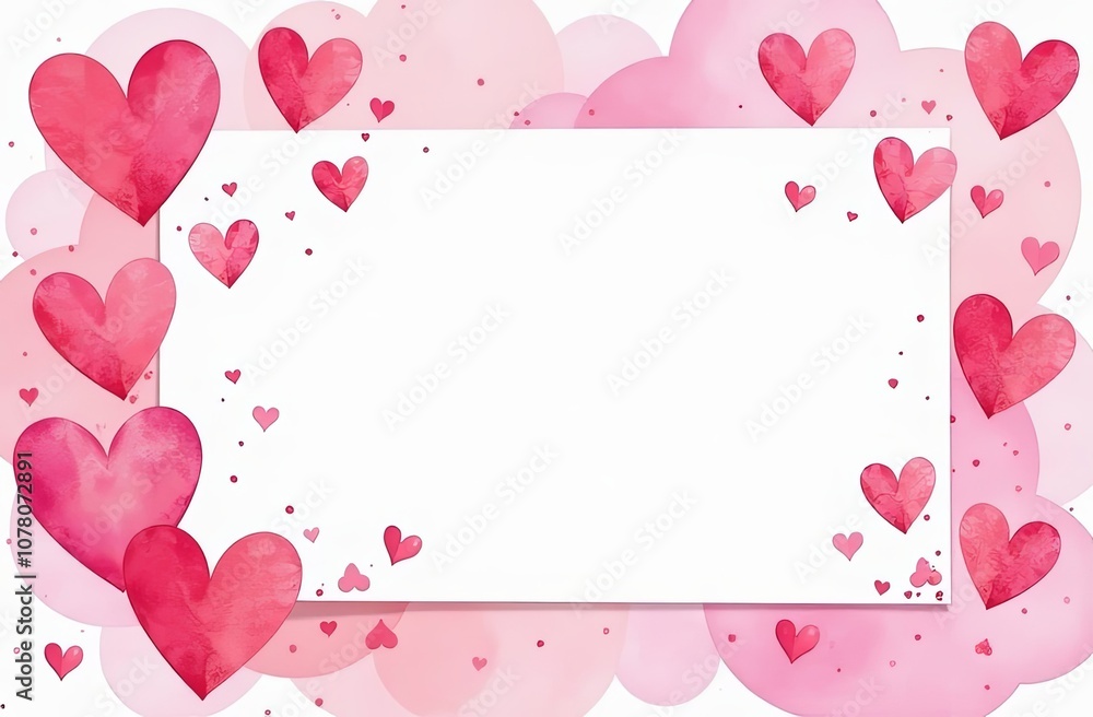 Valentine's day greeting card in watercolor style. A frame in shape of a lot of pink hearts with empty space in the center. Party card, valentines greetings, events poster, celelebration Valentine's day greeting card in watercolor style. A frame in shape of a lot of pink hearts with empty space in the center. Party card, valentines greetings, events poster, celelebration
