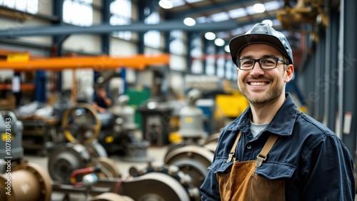 Happy Mechanic in Blue Overalls Working in Industrial Workshop, Perfect for Business and Inspirational Use photo