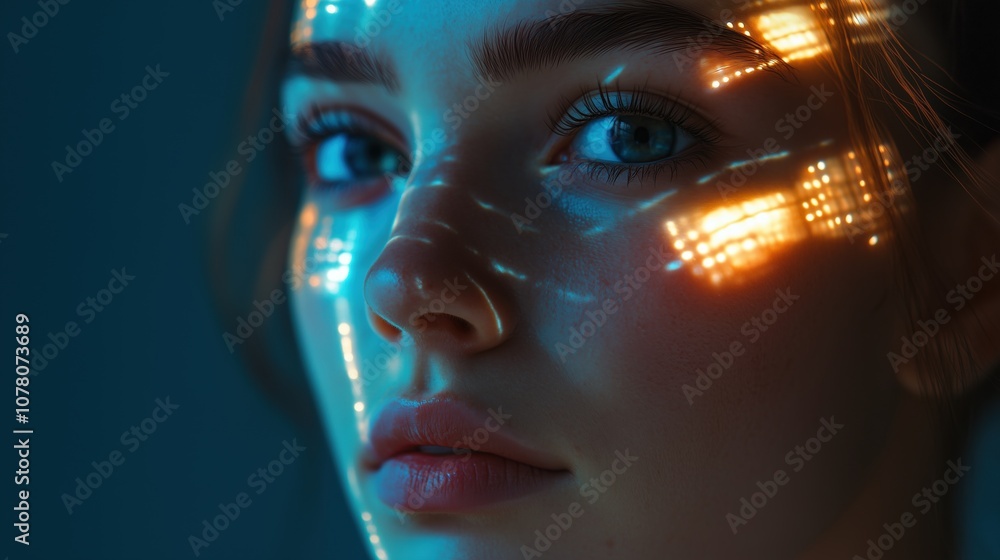 Futuristic Vision: Woman's Face Illuminated by Captivating Holographic Light Display Symbolizing Innovation and Technology Futuristic Vision: Woman's Face Illuminated by Captivating Holographic Light Display Symbolizing Innovation and Technology