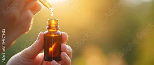 Natural wellness: Hand dropping essential oil from dropper into amber bottle with sunlight background