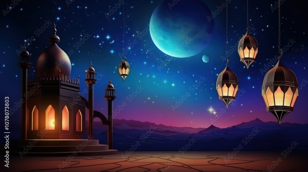 Naklejka premium Mystical Night Sky with Lanterns and Dome Structure