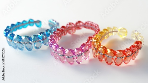 Three colorful beaded bracelets, blue, pink, and orange, on a white surface.