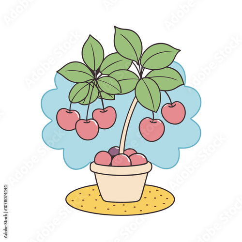 Minimalist cherry tree in a pot with ripe fruit and leaves