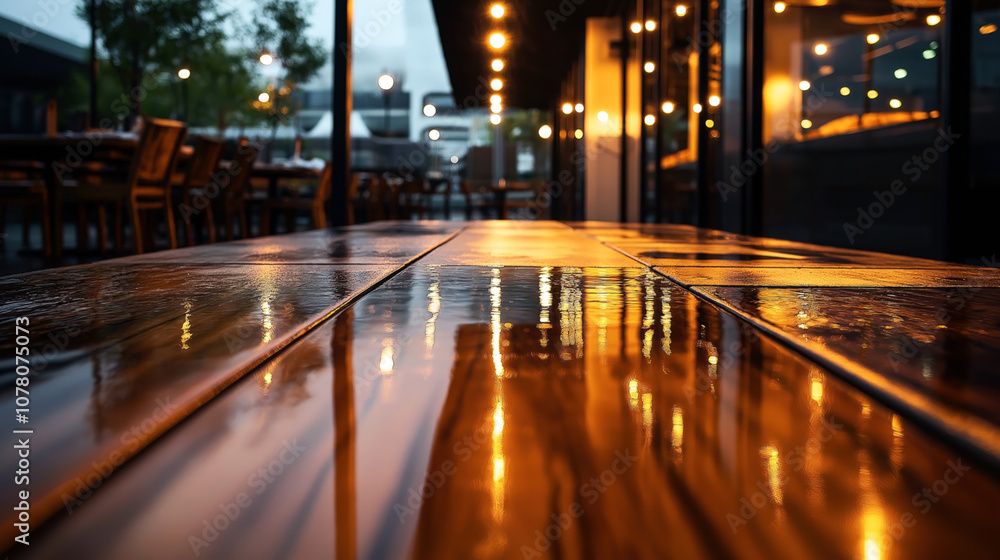 Fototapeta premium Rainy evening outdoor cafe setting with wet wooden tables reflecting warm string lights and soft focus background, featuring chairs, trees, and urban ambiance.