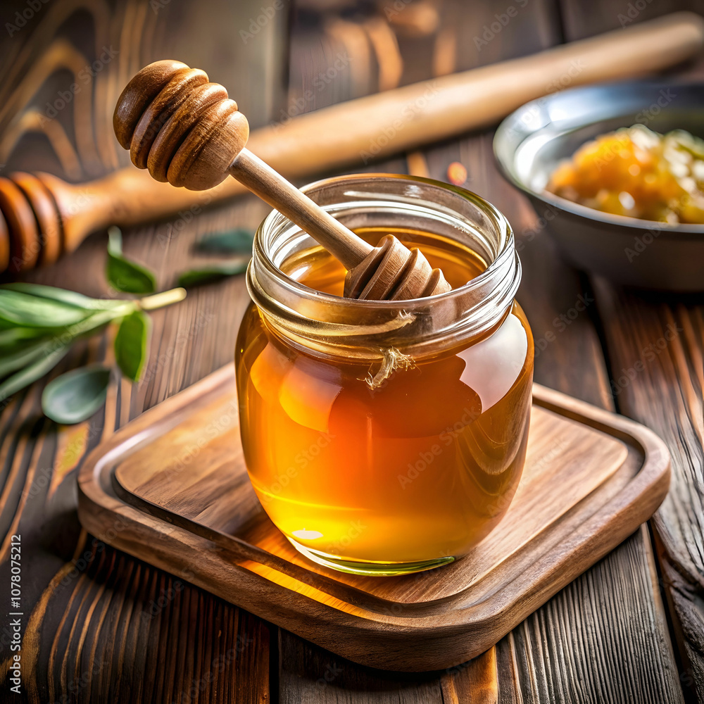 A jar of honey rests on a table, accompanied by a wooden spoon. A jar of honey rests on a table, accompanied by a wooden spoon.