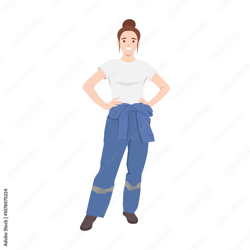 Fototapeta premium Young woman car technician in uniform standing with hands on her hips. Flat vector illustration isolated on white background