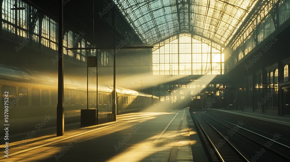 Sunlight beams through a large glass roof of a train station, illuminating the platform and a train parked at the platform. Sunlight beams through a large glass roof of a train station, illuminating the platform and a train parked at the platform.