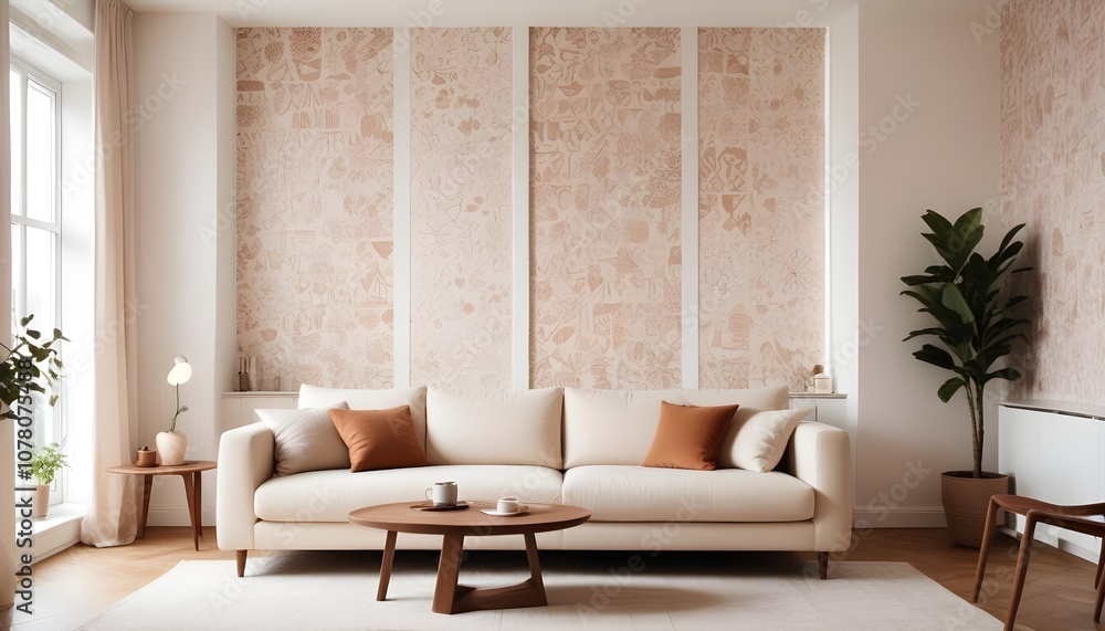 Scandinavian living room interior design zoom background,Doodle patterned wallpaper graphics Scandinavian living room interior design zoom background,Doodle patterned wallpaper graphics