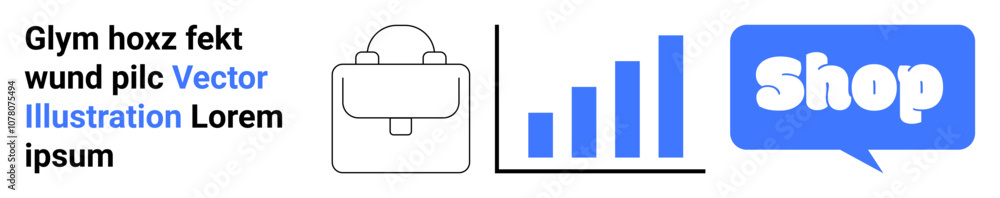 Office bag outline, bar chart with increasing bars, and a blue speech bubble with the word Shop. Ideal for business, e-commerce, marketing, analytics, and online shopping themes. Banner for landing Office bag outline, bar chart with increasing bars, and a blue speech bubble with the word Shop. Ideal for business, e-commerce, marketing, analytics, and online shopping themes. Banner for landing