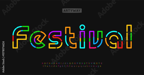 Colorful Neon contour alphabet, vivid linear letters, vibrant tube font for Y2K arcade logo, playful colored festival headline, multicolor nightlife branding. Vector typeset. photo