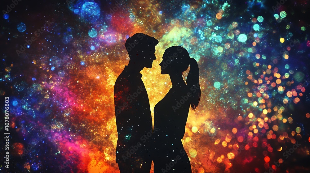 Mesmerizing Silhouette Couple Gazing at Vibrant Cosmic Stars Illustration Mesmerizing Silhouette Couple Gazing at Vibrant Cosmic Stars Illustration