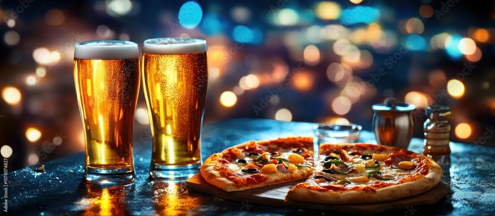 Two glasses of beer beside a pizza on a table with a blurred city background. Two glasses of beer beside a pizza on a table with a blurred city background.