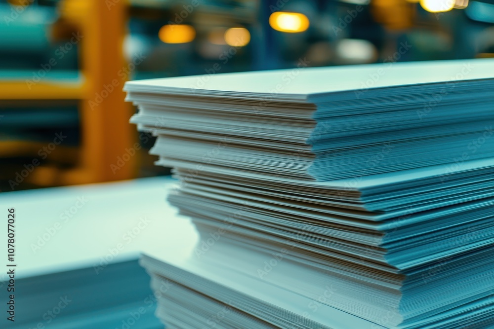 A stack of white paper sheets in an industrial setting, ready for printing or packaging. A stack of white paper sheets in an industrial setting, ready for printing or packaging.