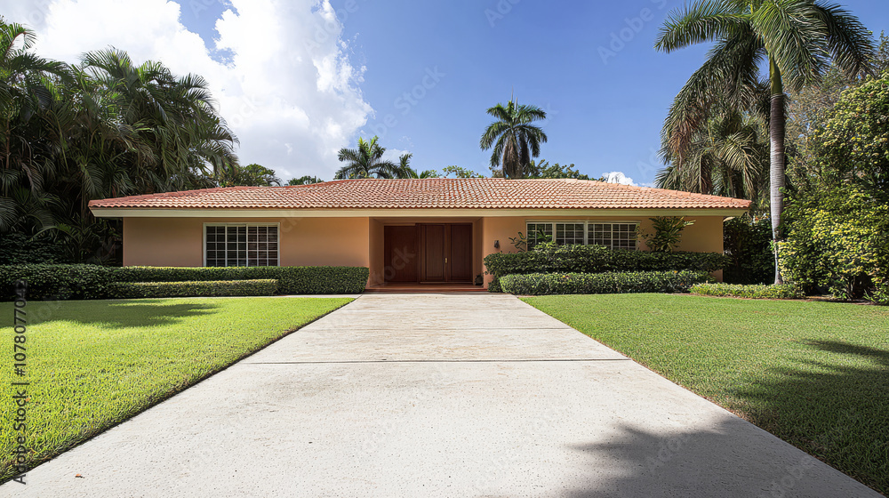 Obraz premium A charming single-story house with greenery and a paved driveway under a bright sky