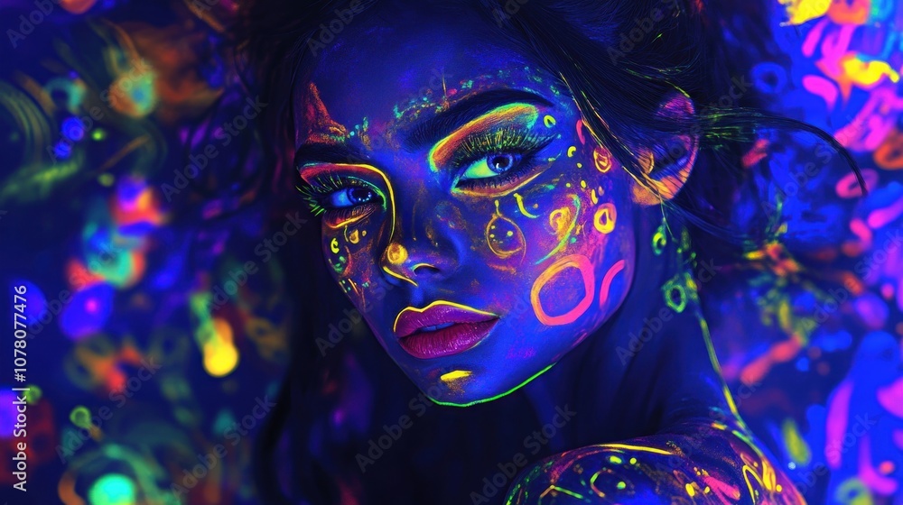 A vibrant portrait of a woman with neon body paint, illuminated under UV light. A vibrant portrait of a woman with neon body paint, illuminated under UV light.