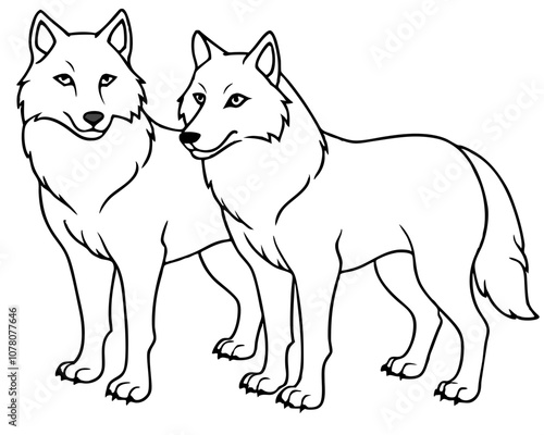 Two Wolves Coloring Page on White Background