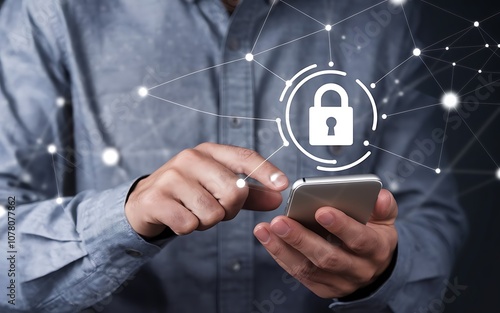 Cybersecurity and Mobile Protection: A businessman's finger hovers over a smartphone screen, a digital lock icon glowing with a network of connections. The image evokes security, trust.