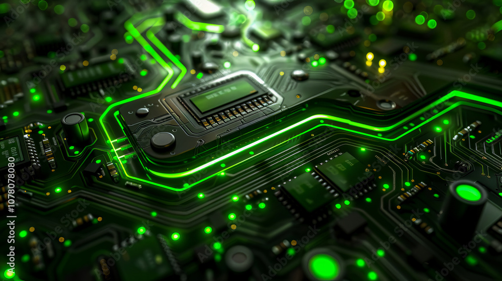Detailed close-up view of a motherboard illuminated by green neon lights emphasizing technological innovation Detailed close-up view of a motherboard illuminated by green neon lights emphasizing technological innovation