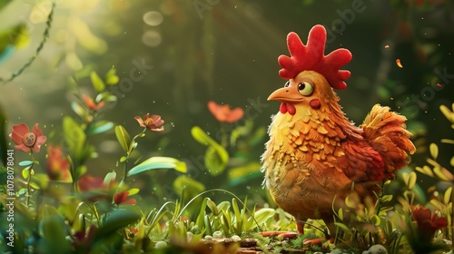 Cute Cartoon Chicken in a Forest Setting: Adorable Hen in a Lush Green Landscape