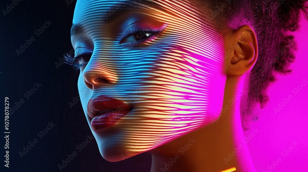 Vibrant Neon Portrait of a Woman with Dynamic Light Patterns on Face in Modern Art Style Vibrant Neon Portrait of a Woman with Dynamic Light Patterns on Face in Modern Art Style