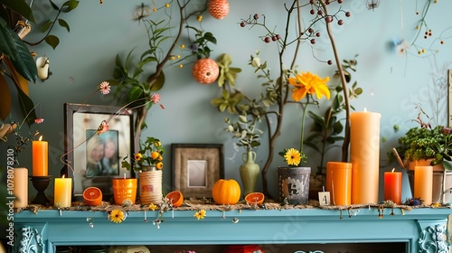 A creative Friendship Day mantel display, featuring themed garlands, candles, and decorative photo frames. photo