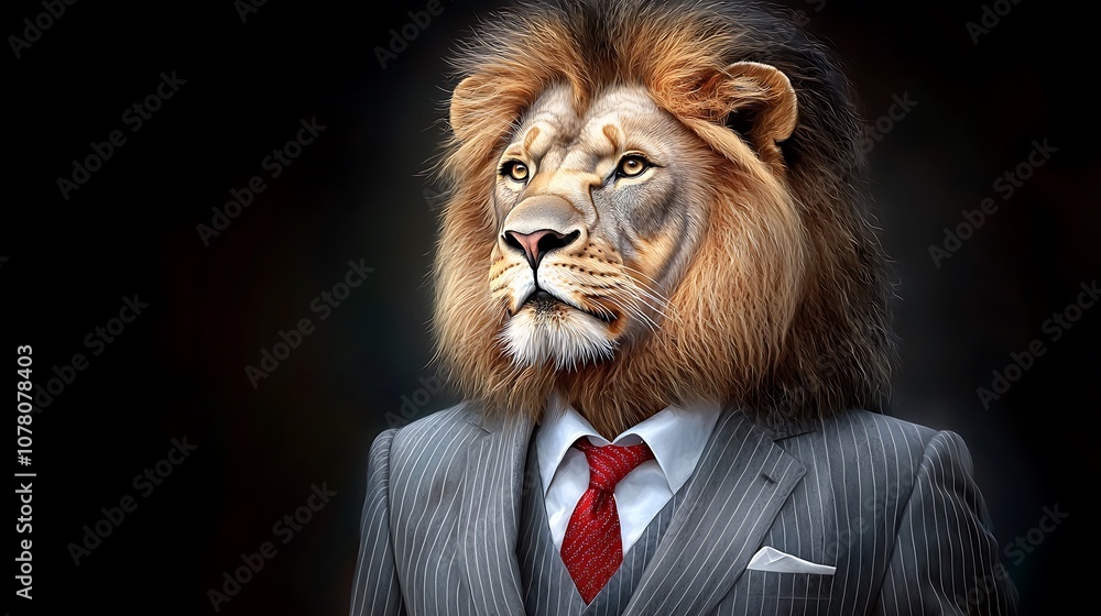 The painting features a majestic lion standing upright in a grey pinstripe suit, with a crisp white shirt and a bold red tie The painting features a majestic lion standing upright in a grey pinstripe suit, with a crisp white shirt and a bold red tie