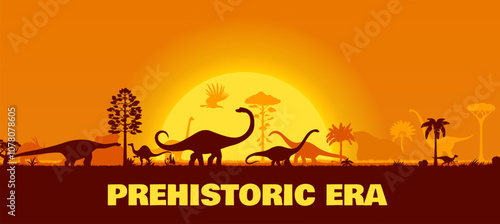 Prehistoric era dinosaurs silhouettes in sunset landscape of Jurassic park, vector background. Cartoon prehistoric dinosaur lizards silhouettes in jungle or night forest with sunset and palm trees