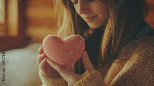 A woman, immersed in warm hues of woolen garments, holds a pink heart with a serene expression, embodying love, warmth, and serene reflection in soft light. photo