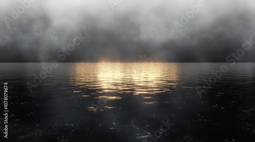 Serene water surface reflecting golden light amidst fog.