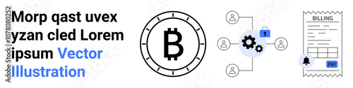 Bitcoin symbol, user interconnected network with gears, and detailed billing receipt. Ideal for cryptocurrency, blockchain, fintech, digital transactions, decentralized finance, payment systems