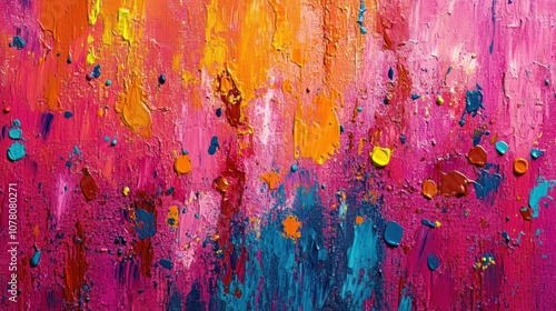 Abstract art painting in pink, orange, and blue with textured brushstrokes.