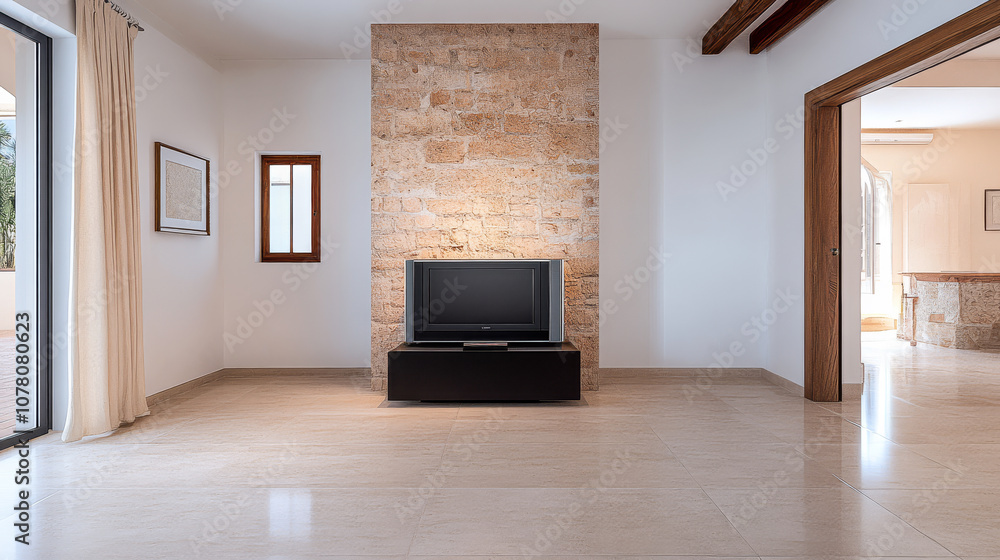 Modern living room with stone wall and television setup in a bright minimalist design Modern living room with stone wall and television setup in a bright minimalist design