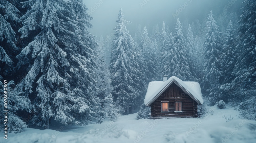 Front view of a winter cabin in a forest, surrounded by heavy snow-covered trees. Front view of a winter cabin in a forest, surrounded by heavy snow-covered trees.