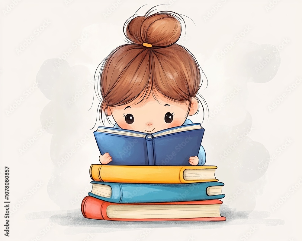 Self Publishing Cute Girl Reading a Book with a Stack of Colorful Books Self Publishing Cute Girl Reading a Book with a Stack of Colorful Books