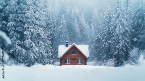 Front view of a winter cabin in a forest, surrounded by heavy snow-covered trees.