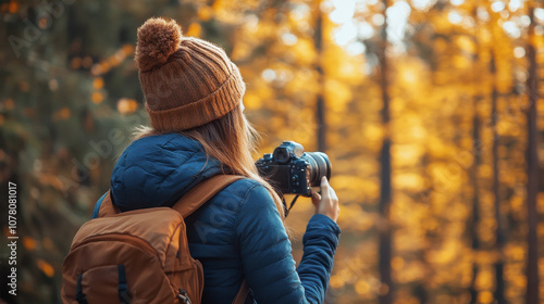 Girl with a photoportrait in the forest photo