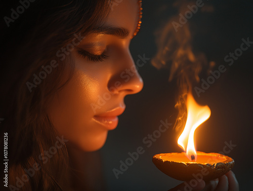 Person lighting a candle for Diwali celebration photo