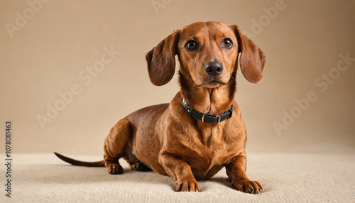 A brown dachshund sits on a white surface and looks to the left