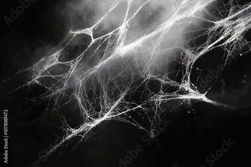 Realistic spider web on black background. Darknet, cybercrime or horror concept. Generated by artificial intelligence photo