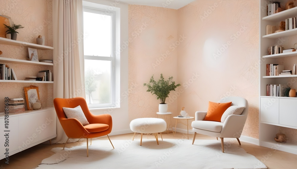 Fototapeta premium Scandinavian living room interior design zoom background,Doodle patterned wallpaper graphics