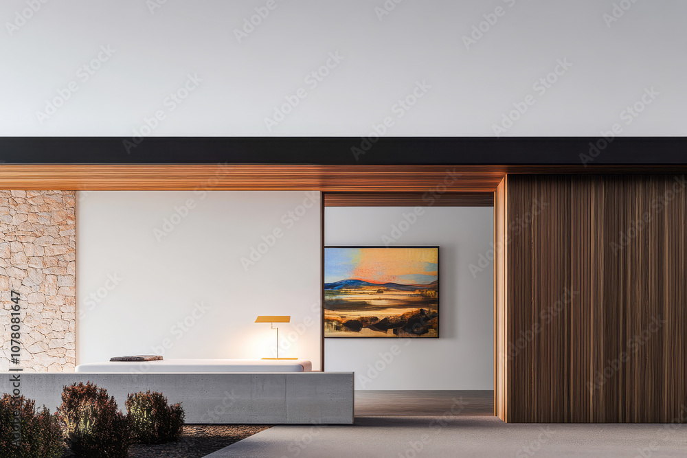 Modern interior design with wooden accents and artwork in a minimalist living space Modern interior design with wooden accents and artwork in a minimalist living space