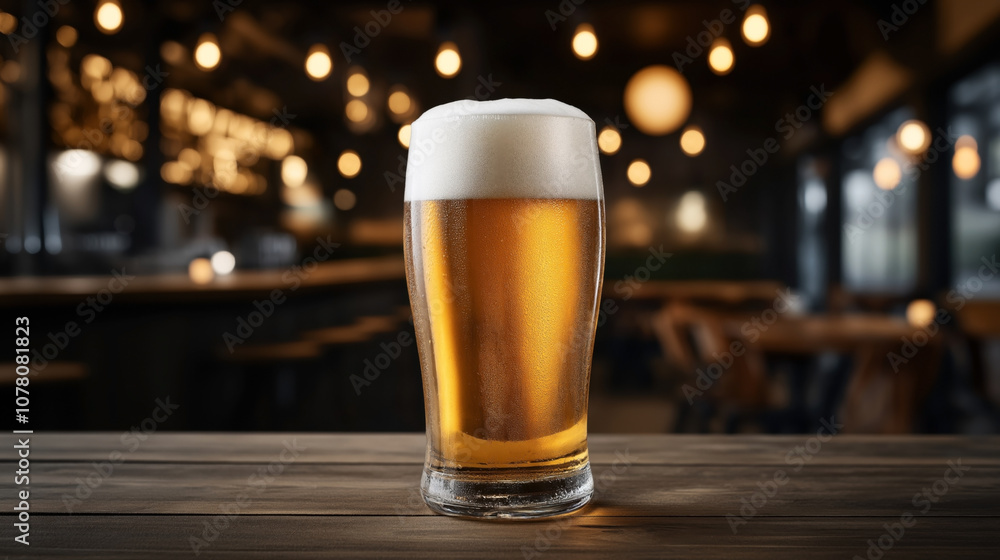 Close-up of a pint glass filled with golden beer topped with frothy head, set on a wooden bar table with a blurred pub interior in warm ambient lighting Close-up of a pint glass filled with golden beer topped with frothy head, set on a wooden bar table with a blurred pub interior in warm ambient lighting