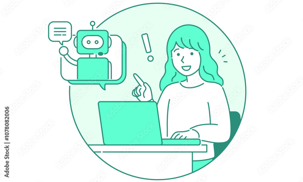 人工知能のAIロボットとチャットボット対話するパソコンを使う女性・シンプルでポップなベクターイラスト