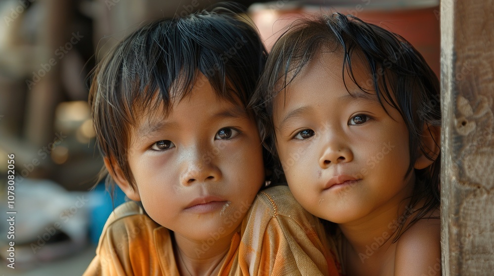 Two Young Siblings Looking at the Camera in a Close Portrait Two Young Siblings Looking at the Camera in a Close Portrait