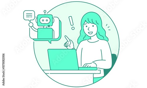 人工知能のAIロボットとチャットボット対話するパソコンを使う女性・シンプルでポップなベクターイラスト