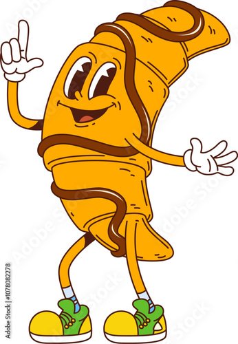 Cartoon groovy croissant bakery, pastry character Isolated vector retro breakfast comic personage with chocolate topping and vintage flair. Sweet, cute freshly-baked croissant embodying nostalgic vibe