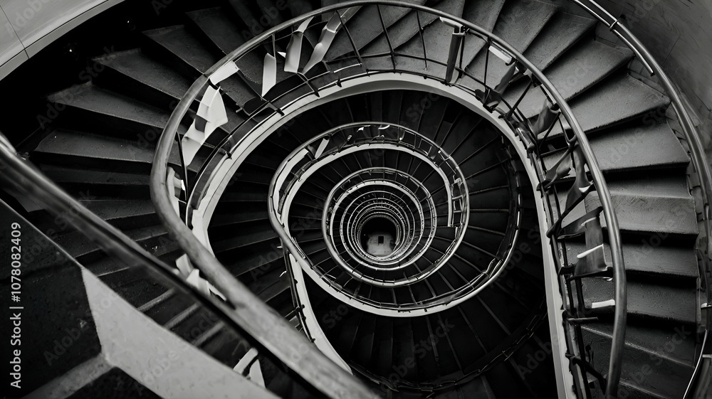 Fototapeta premium Black and white photograph of spiraling staircase shot from down stairs