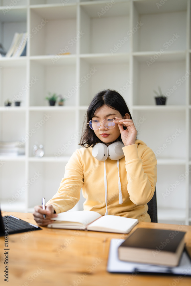 A beautiful young Asian woman in glasses and casual wear is focusing on her work on her laptop computer, reading online papers, thinking and planning her work, sitting at an outdoor table of a cafe