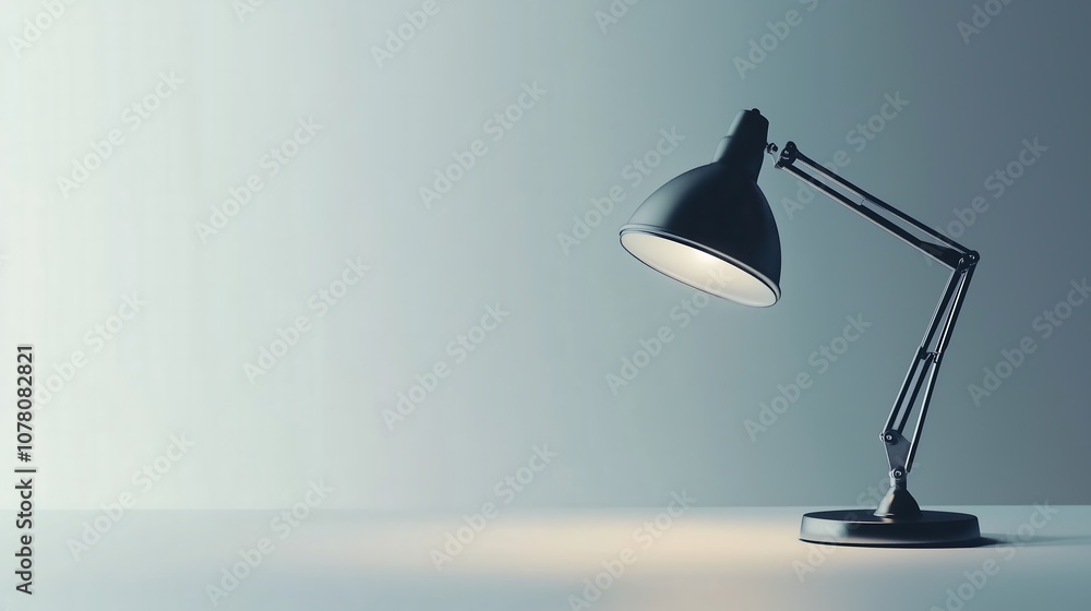 A single black desk lamp with a white background, casting a warm glow. A single black desk lamp with a white background, casting a warm glow.